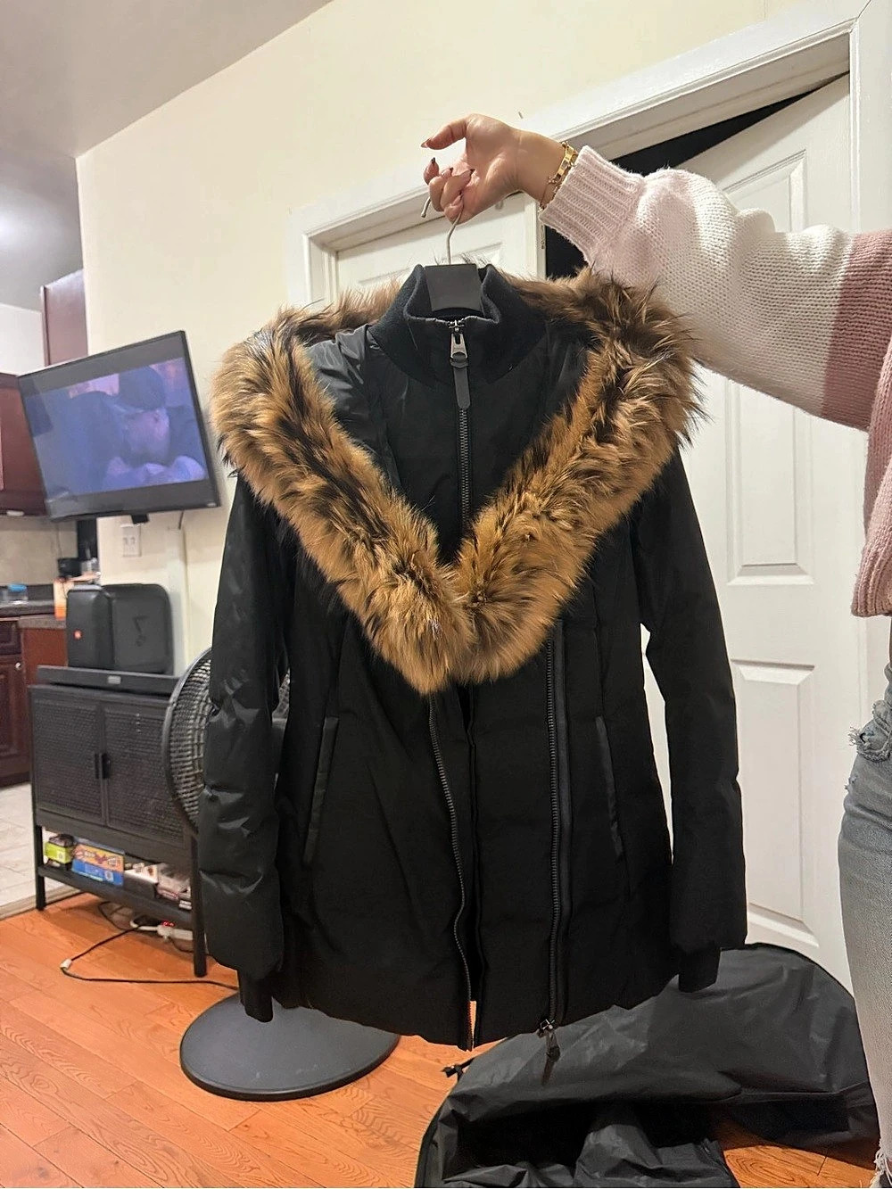 Mackage Trish Down Coat Fur-Trim Puffer Black & Brown Small